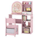 Pink kids lighted vanity and chair with shelves and fabric drawer with matching seat and shown dressing-up items