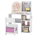 White kids lighted vanity and chair with shelves and fabric drawer with matching seat and shown dressing-up items