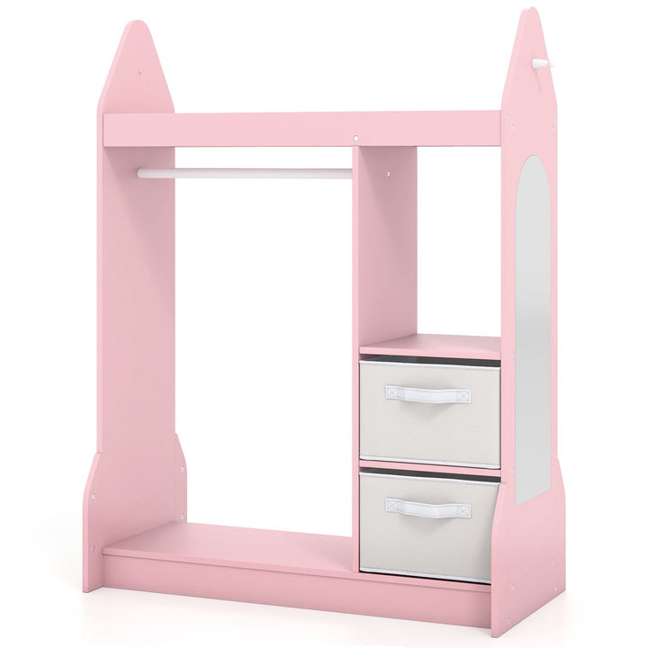 Pink rocket-shaped kids clothing rack with mirror and storage bins, unstyled product view