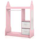 Pink rocket-shaped kids clothing rack with mirror and storage bins, unstyled product view