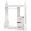 White rocket-shaped kids clothing rack with mirror and storage bins, unstyled product view