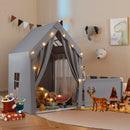 Grey play tent and attached play yard with star lights in a decorated room
