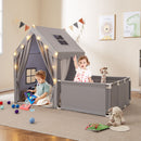 Grey play tent and attached play yard in a playroom