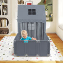 Grey play tent viewed from the attached play yard