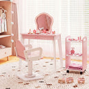 Pink salon vanity, swivel chair and wheeled trolley in an example bedroom setting