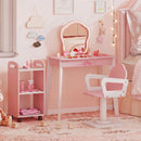 Scalloped-mirror salon vanity and swivel chair with trolley positioned to the left and example dressing-up props