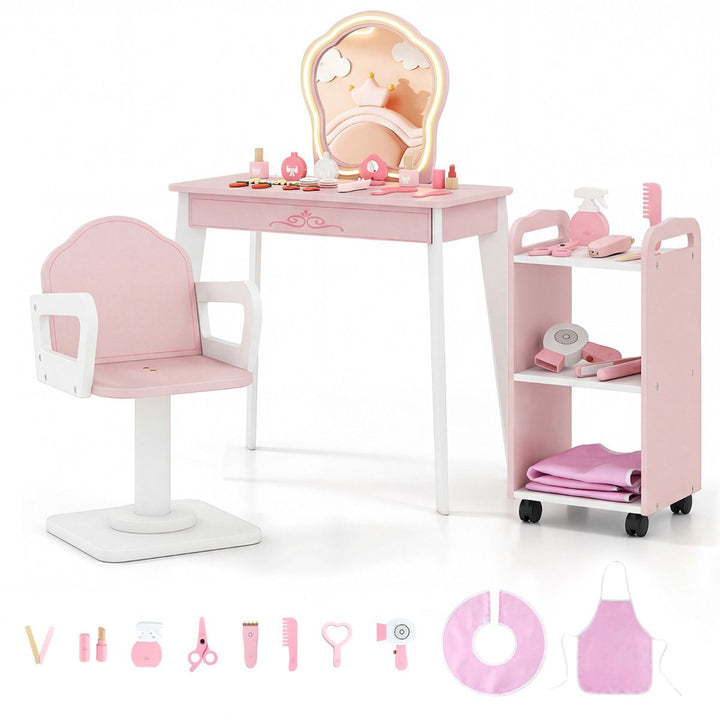 Pink and white salon play set with scalloped lighted mirror, swivel chair, three-shelf trolley and ten pictured toy accessories