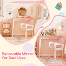 Salon vanity shown with its scalloped mirror attached and removed for use as a desk
