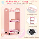 Pink three-shelf salon trolley showing two handles and a lockable caster