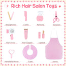 Ten pretend salon accessories: straightener, comb, perfume bottle, scissors, hair dryer, clipper, lipstick, hand mirror, cape and apron
