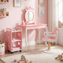 Crown-mirror salon vanity, chair and three-shelf trolley in a styled room