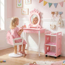 Child standing beside the crown salon vanity and swivel chair in an example role-play scene