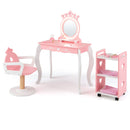 Pink crown salon vanity with oval lighted mirror, curved white legs, swivel chair and heart-cutout trolley