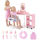 Two children demonstrating pretend salon play with the crown vanity, chair, trolley and ten pictured accessories