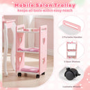 Pink salon trolley showing heart-shaped cutouts, three shelves, two handles and a locking caster