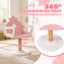 Crown-back salon chair showing armrests, wooden-look centre support, round base and swivel movement