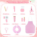 Ten toy salon accessories: straightener, comb, perfume bottle, scissors, dryer, clipper, lipstick, hand mirror, cape and apron