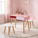 Pink nail salon table, flower-back chair and round stool in a playroom