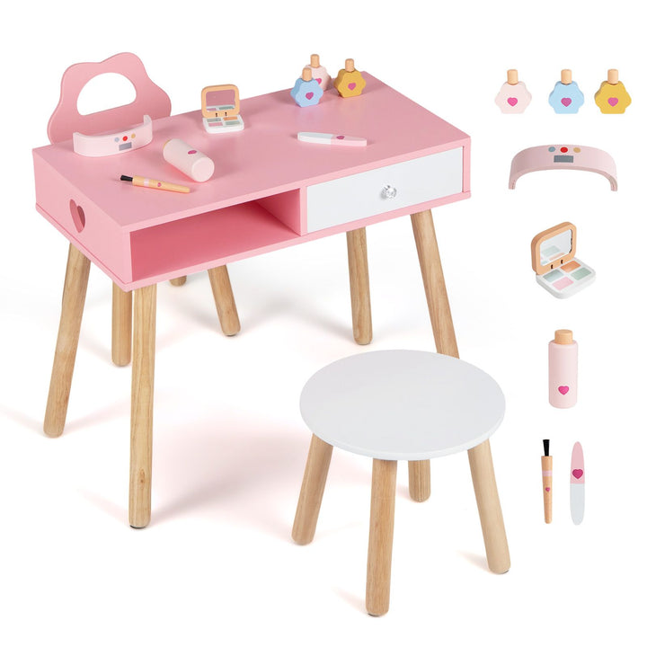 Pink nail salon table with matching seats and pretend beauty accessories