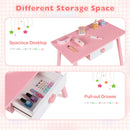 Pink pretend nail salon table showing its tabletop and open storage drawer
