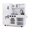 White and black play kitchen with pretend dispenser, stove tops, microwave, oven, sink and silver-coloured cookware