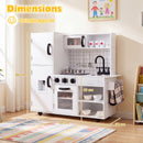 White and black play kitchen dimensions: 84 cm wide, 30 cm deep and 80 cm high, with a 40 cm countertop