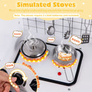 Simulated stove tops and clicking knobs with lights and cooking sounds; illustrated flames and steam represent pretend play