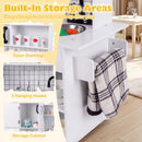 White and black play kitchen storage details showing open shelving, three utensil hooks, cupboard and towel rail