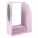 Pink kids wardrobe with mirror, four fabric drawers and book display, unstyled product view