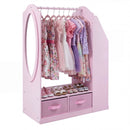 Pink kids wardrobe with mirror, four fabric drawers and book display with clothing and shoes shown for styling only