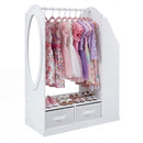 White kids wardrobe with mirror, four fabric drawers and book display with clothing and shoes shown for styling only