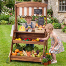 Brown wooden market stand used for pretend shopping with toy produce and example scene decorations