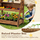 Brown wooden market stand lower bin shown for supervised planting play; plants and gardening tools are not included