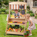 Natural wooden market stand used for pretend shopping with toy produce and example scene decorations