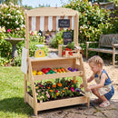 Natural wooden market stand with its lower bin staged as a planter; plants and tools are not included