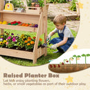 Natural wooden market stand lower bin shown for supervised planting play; plants and gardening tools are not included