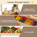 Natural wooden market stand showing the countertop drawer box, four display compartments and lower bin