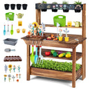 Mud kitchen and pretend-gardening accessories including pots, toy flowers, watering can and hand tools