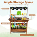 Wooden mud kitchen showing open shelves, two work surfaces, hanging hooks and raised lower planter