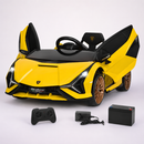 Yellow electric sports ride-on car with remote and charger