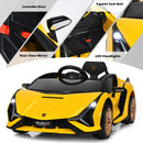 Yellow electric sports car seat belt, lights and mirror details