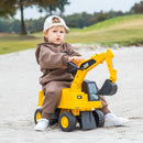 Yellow foot-to-floor ride-on excavator - feature and configuration view