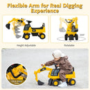 Yellow foot-to-floor ride-on excavator - feature and configuration view