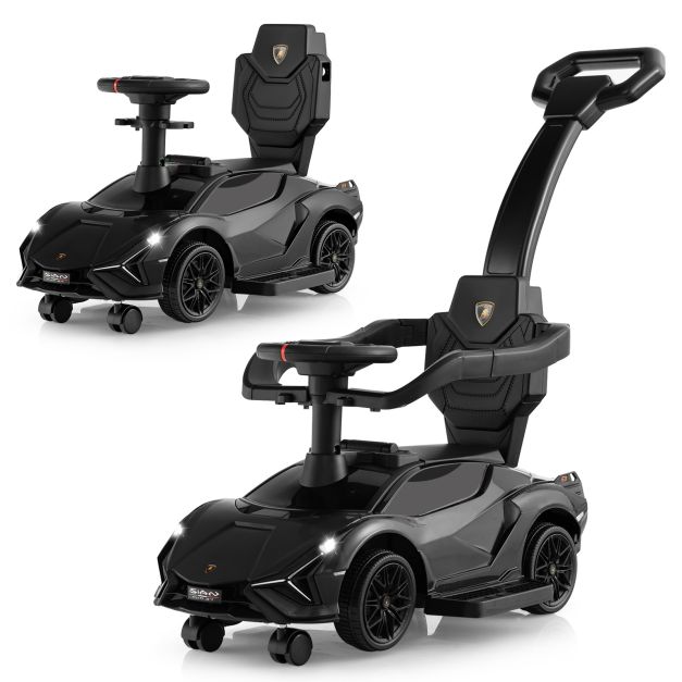 Black Lamborghini 3-in-1 push car with removable parent handle and guardrails