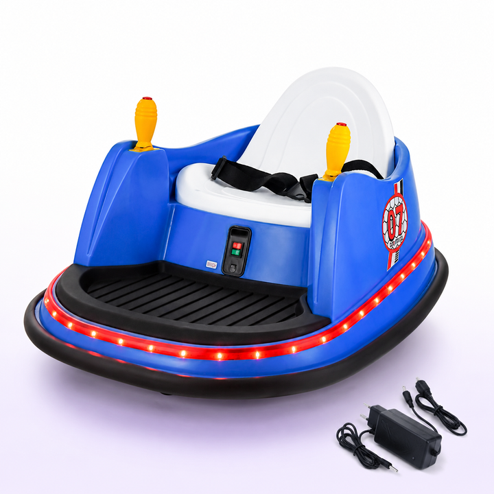 Navy bumper car with white seat, yellow joysticks and perimeter lights