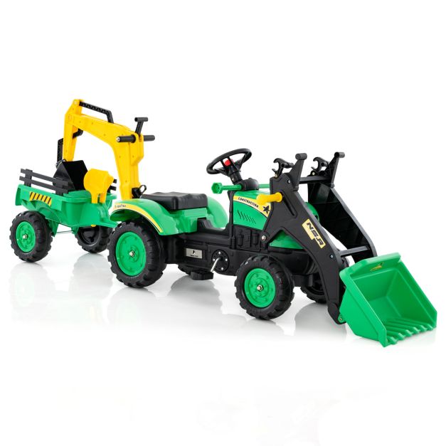 Green pedal tractor with digging arm and trailer - product view