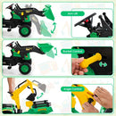 Green pedal tractor with digging arm and trailer - feature and configuration view