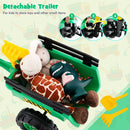 Green pedal tractor with digging arm and trailer - feature and configuration view