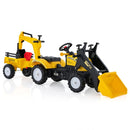 Yellow pedal tractor with digging arm and trailer - feature and configuration view