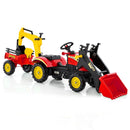 Red pedal tractor with digging arm and trailer - feature and configuration view